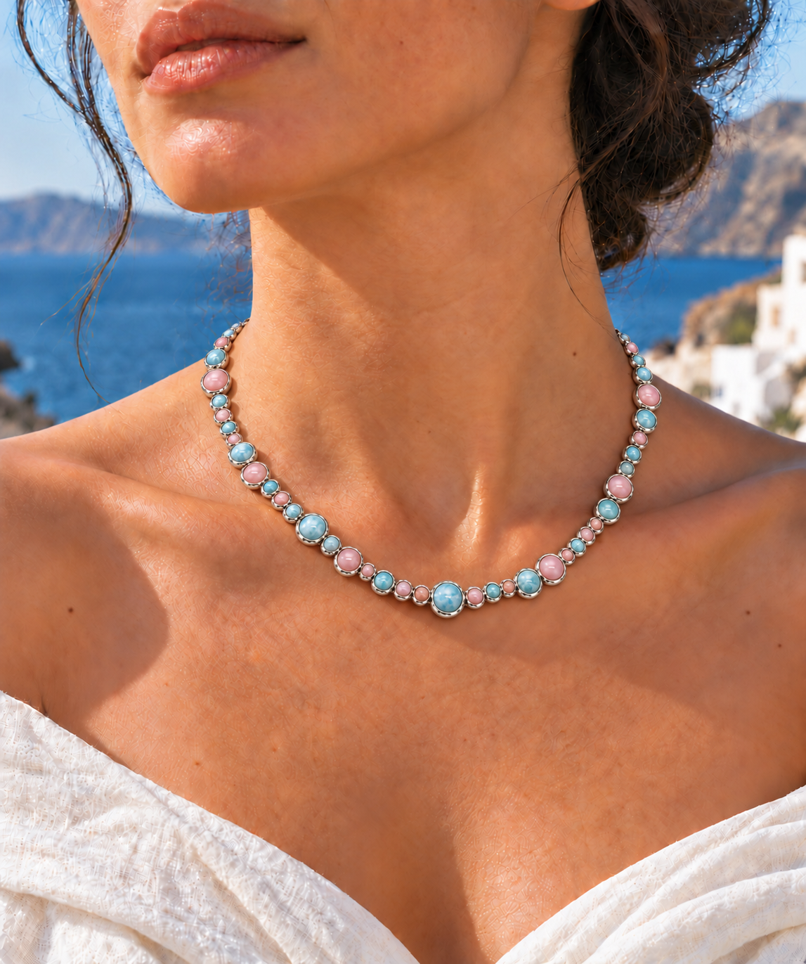 Blue Larimer and Pink Opal Bubble Necklace