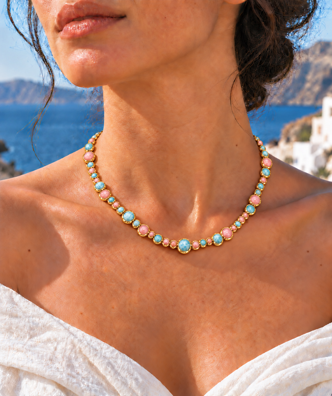 Blue Larimer and Pink Opal Bubble Necklace